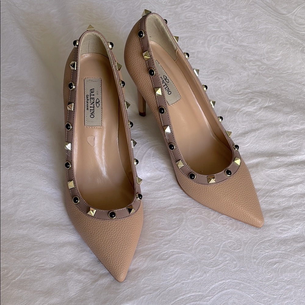 Valentino Tan Studded Heels with Rockstud Embellishments